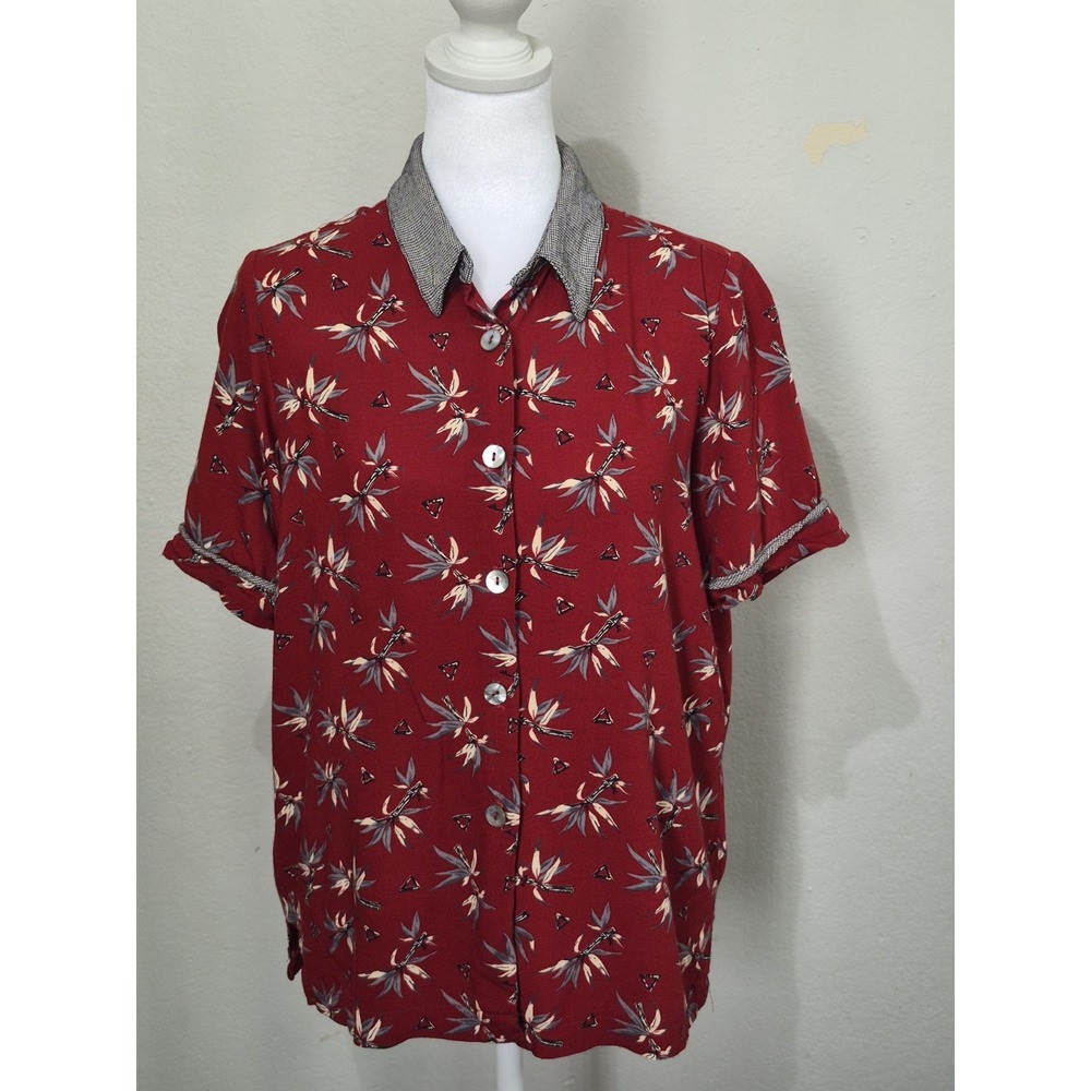Vintage Clio Shirt Petite Large PL Red Floral Button Front Camp Collar Retro Top